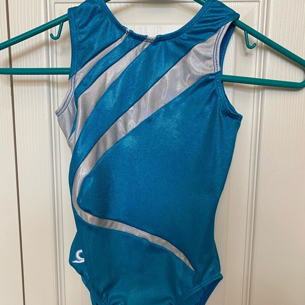 Child Medium Blue & white GK Elite leotard